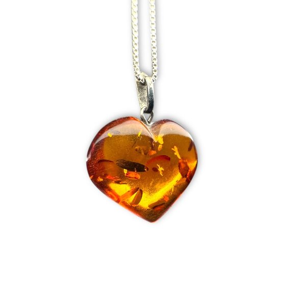 Vintage Amber Heart Pendant Necklace Sterling Silver Chain 19" Italy - Picture 2 of 6